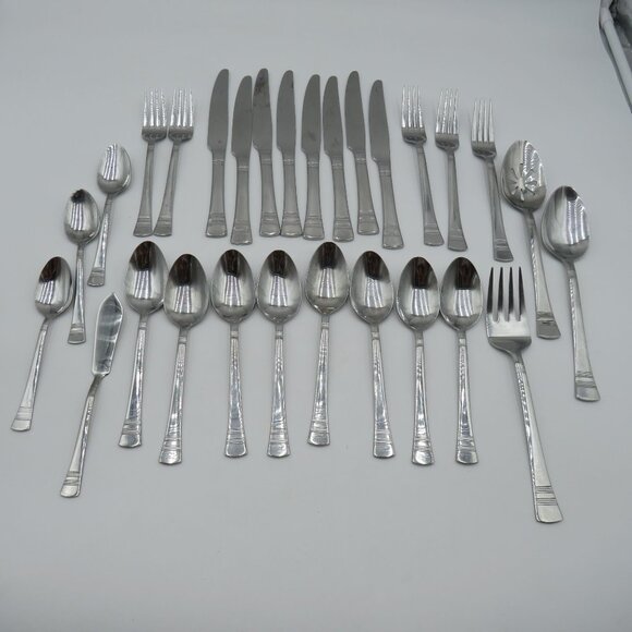 Pfaltzgraff Flatware Mix Lot 28 Pieces Sapphire Pattern Stainless Steel - Picture 1 of 16